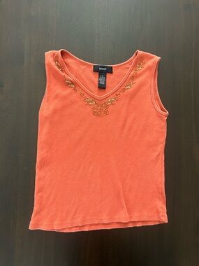 VTG 2000’s Kikit Orange Ribbed Tank Top Beaded Sequin Embroidered V-Neck Shirt M